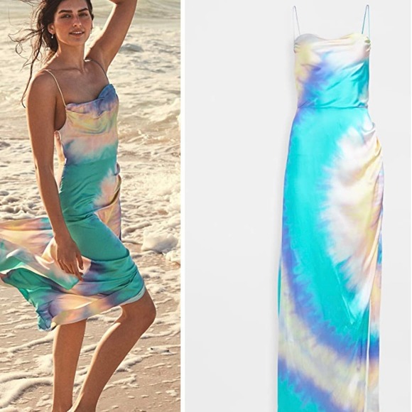 Retrofete Small Marlene Tie Dye Summer Slip Midi Dress Blue Long Slit FLAWED